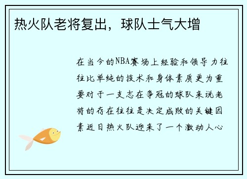 热火队老将复出，球队士气大增